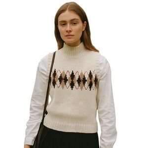 RUSS 90s preppy Argyle Knit Sweater Vest in‎ cream brown light academia size S